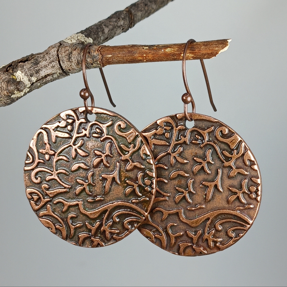 Embossed Copper Earrings Artisan Boho Botanical Garden Cottagecore Handcrafted - Picture 2 of 6